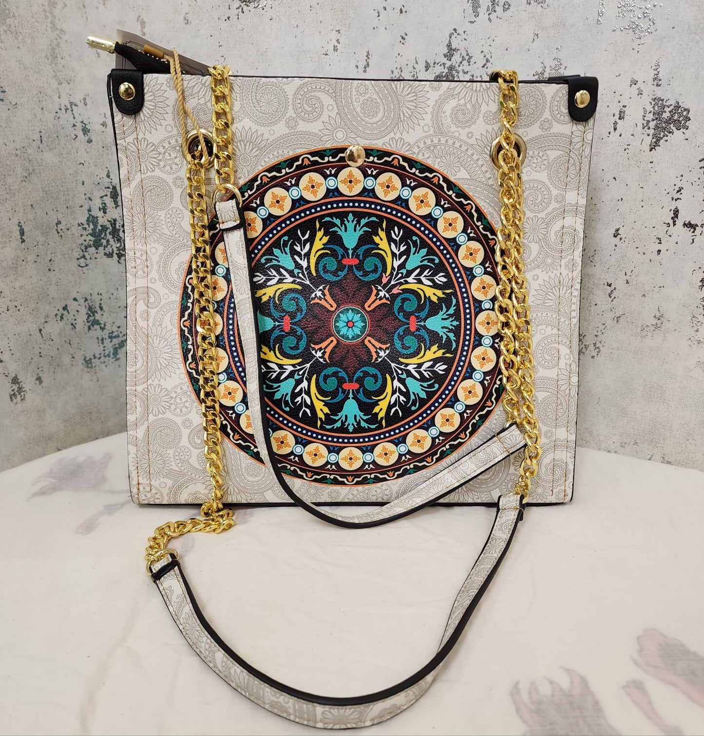 Mandala Art Tote Bag with Gold Chain Strap – Elegant & Ethnic Fusion