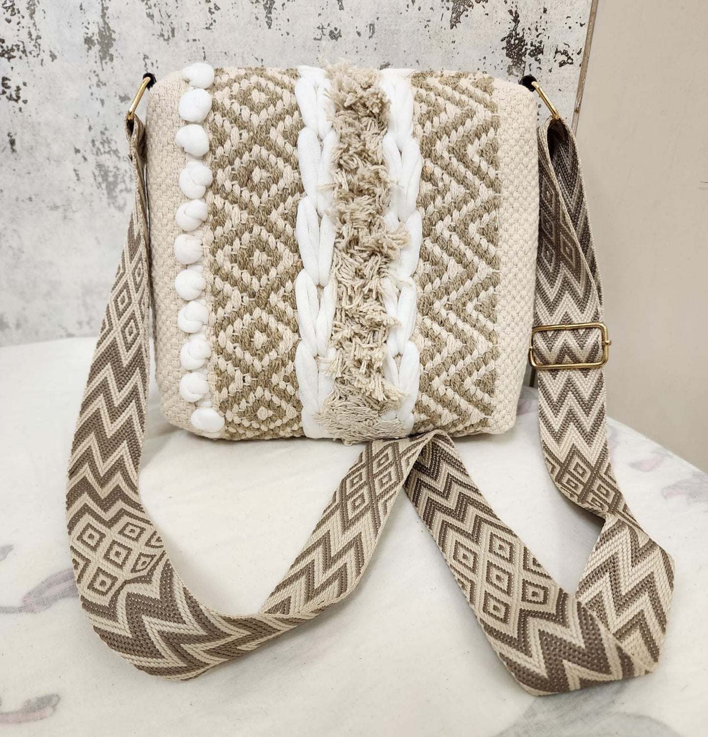Boho Tribal Sling Bag with Shell & Fringe Detailing