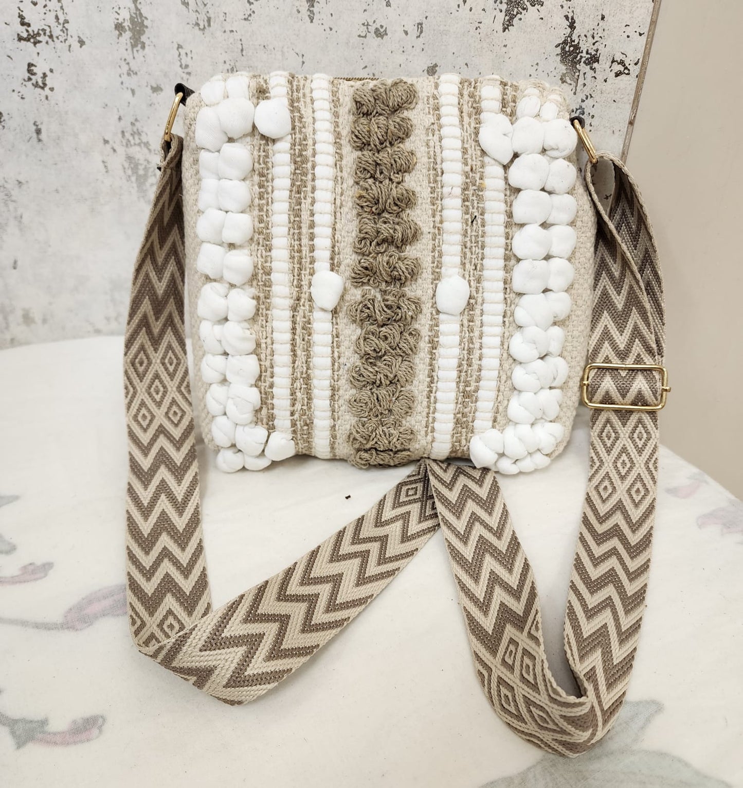 Boho Tribal Sling Bag with Shell & Fringe Detailing