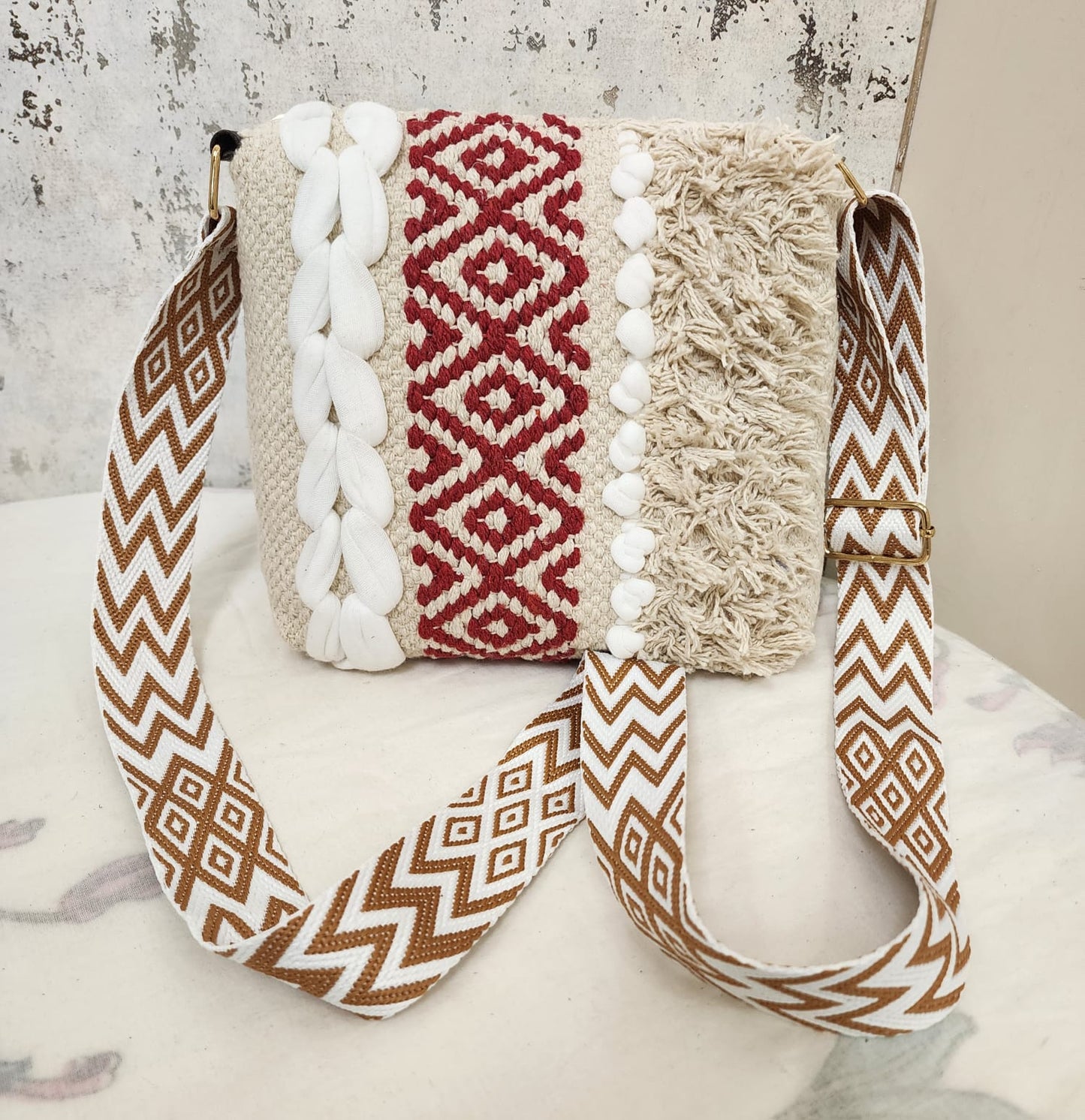 Boho Tribal Sling Bag with Shell & Fringe Detailing