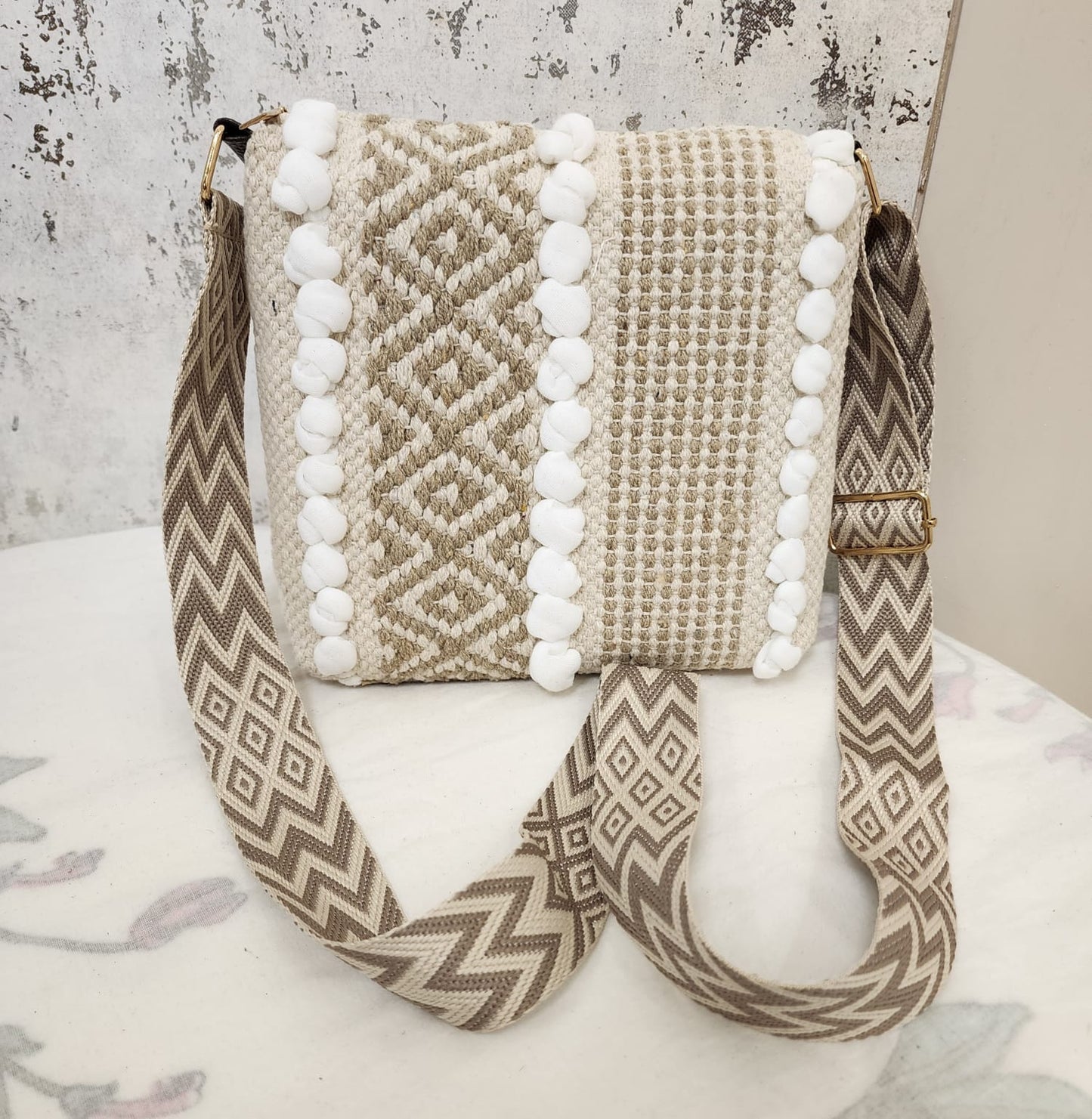 Boho Tribal Sling Bag with Shell & Fringe Detailing