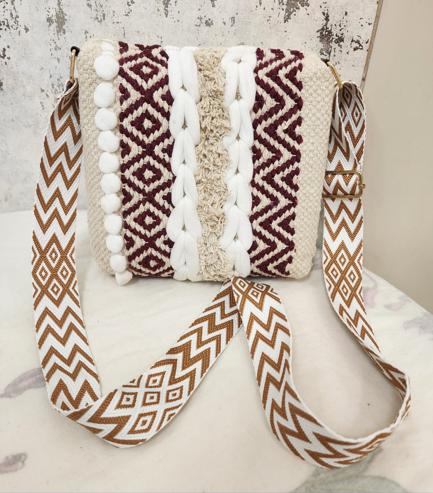 Boho Tribal Sling Bag with Shell & Fringe Detailing