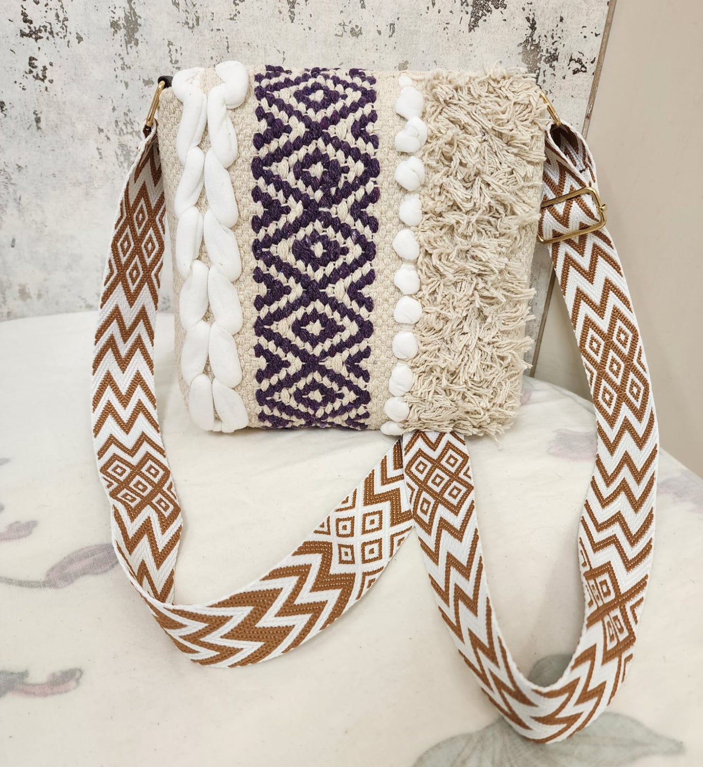 Boho Tribal Sling Bag with Shell & Fringe Detailing