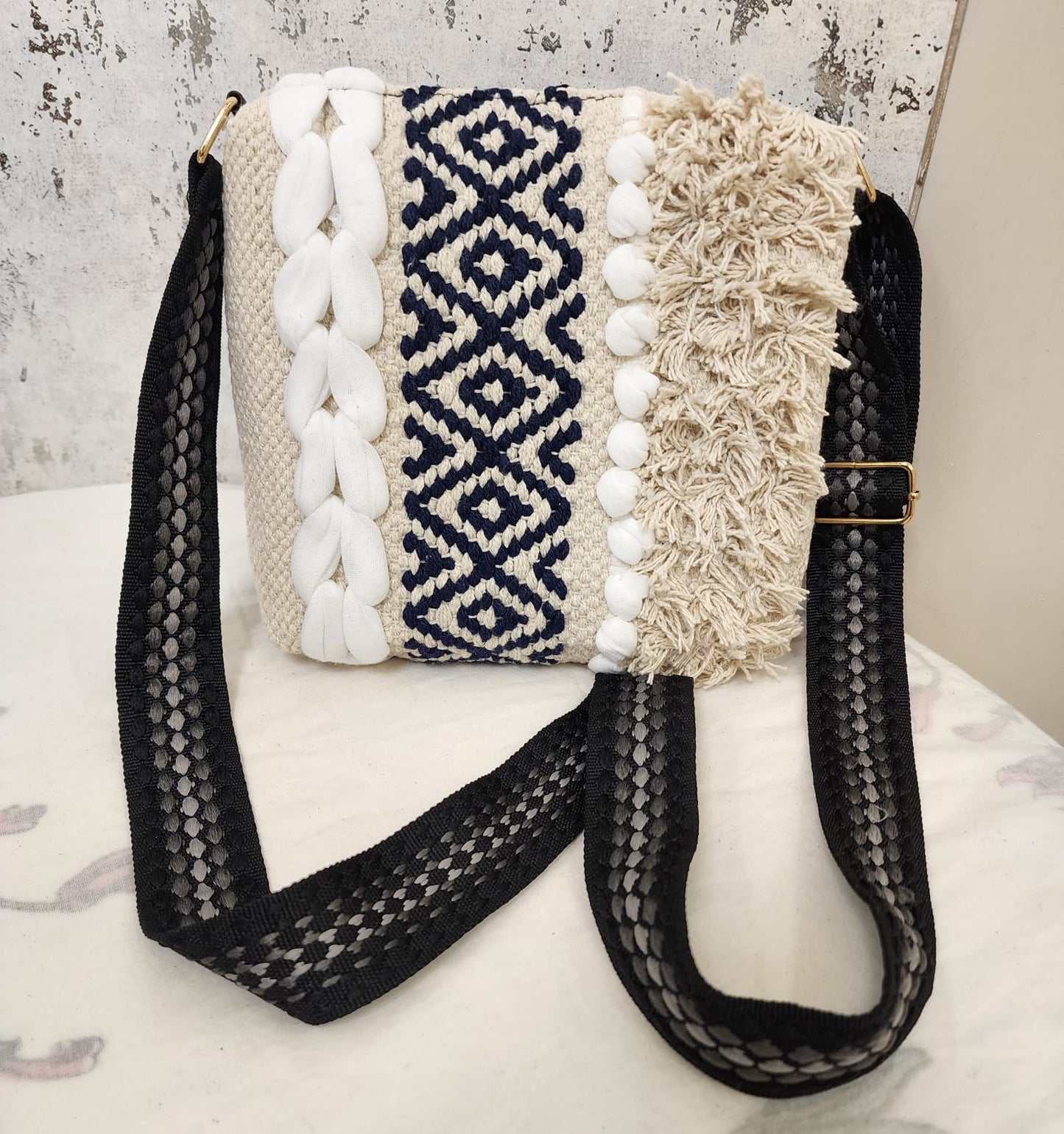 Boho Tribal Sling Bag with Shell & Fringe Detailing