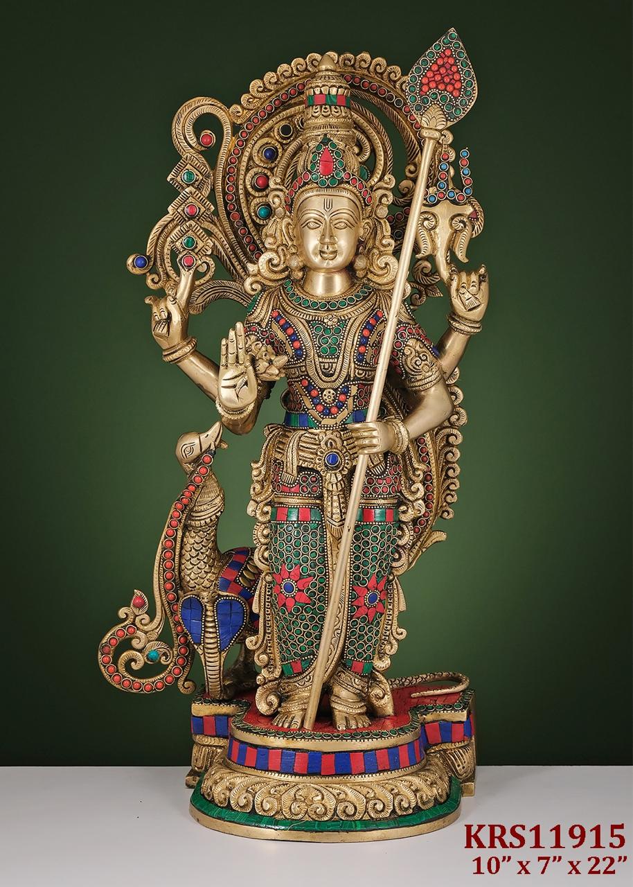 Divine Lord Murugan Brass Idol with Peacock & Gemstone Inlay