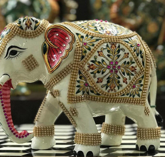 Royal White Marble Elephant – Hand-Painted & Beaded Rajasthani Decor
