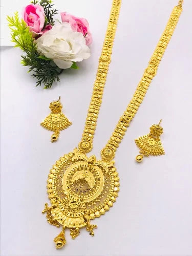 Traditional Gold-Plated Long Haram Set with Jhumka Earrings